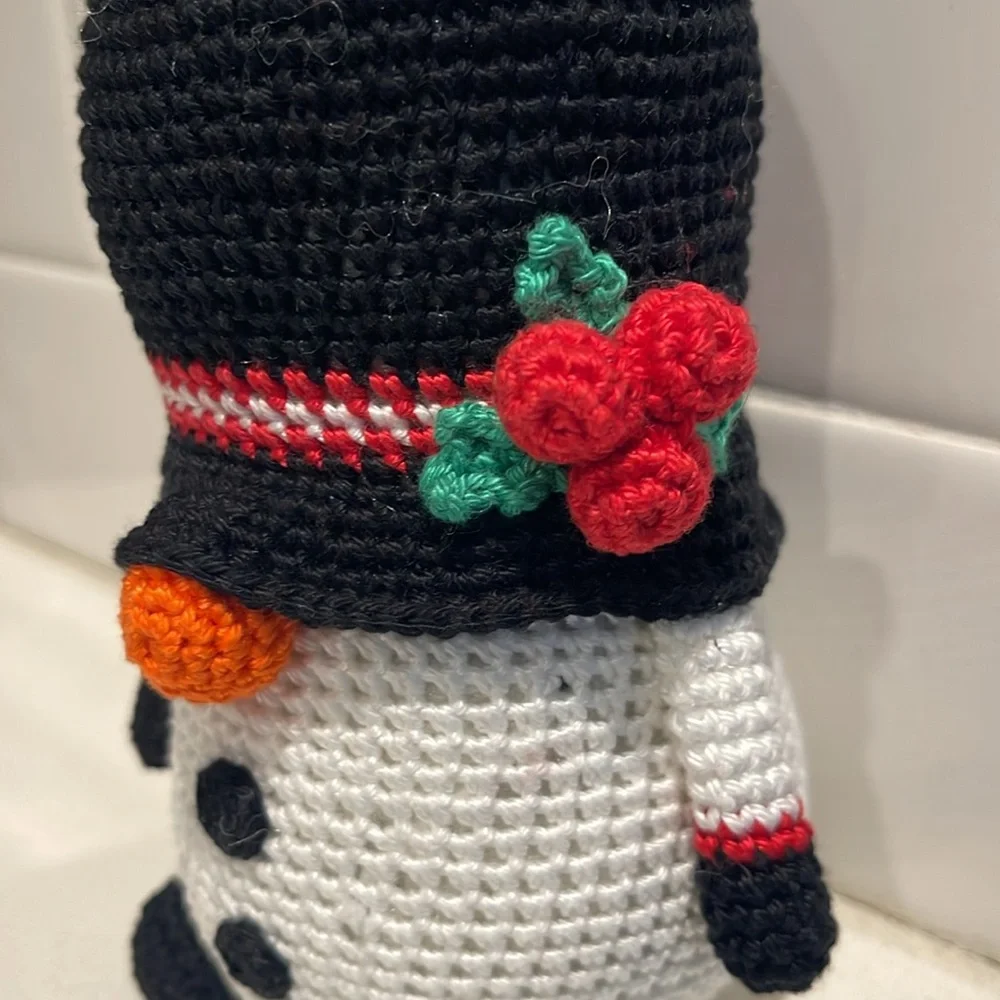 Handcrafted Snowman Gnome with Holly Winter Holiday Seasonal Christmas Crochet - Picture 6 of 12
